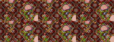 Kahverengi, kırmızı ve nötr küçük çiçekler ve kahverengi, kırmızı ve nötr renklerdeki komik böcekler, raster deseni, illüstrasyon.