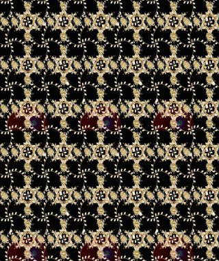 Bir sürü siyah, bej ve kahverengi soyut çiçekli tropik eskiz deseni. Küçük çiçekteki sevimli çiçek deseni. Varicoloblack, bej ve kahverengi raster çizimi.