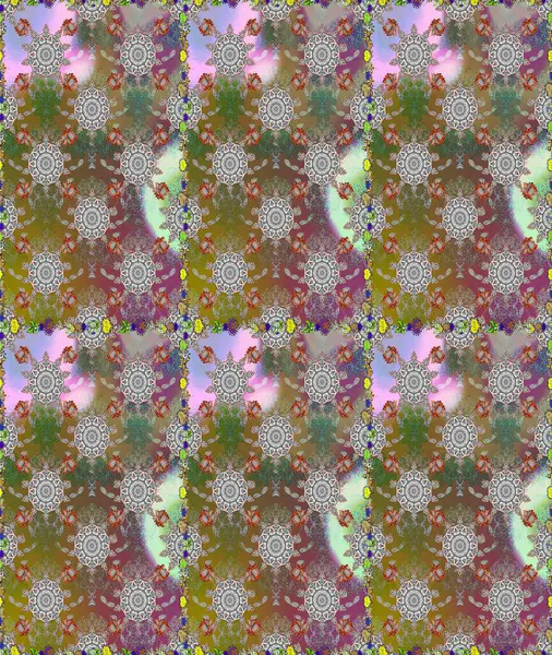 Çok renkli ve kahverengi zarif küçük çiçekler ve gri ve kahverengi renkli komik böcekler, raster deseni, illüstrasyon.