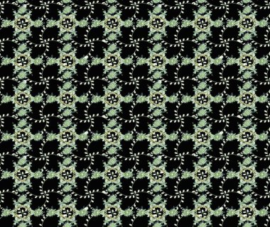 Çiçek desenli çizim. Asya tekstil tarzında. Siyah, nötr ve yeşil renkli çiçekler. Raster illüstrasyonu. Raster illüstrasyonu.