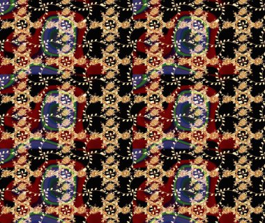 Raster Floral Illustration, Asyalı tekstil. Siyah, kırmızı ve bej renkli etnik çiçeklerle zarif bir eskiz deseni.