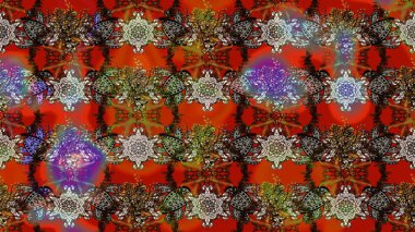 Çiçekli ipek eşarp. 1950-1960 motifleri. El çizimi çiçek unsurları olan soyut çizim raster deseni. Retro tekstil tasarım koleksiyonu. Kahverengi, kırmızı ve gri kahverengi, kırmızı ve gri.