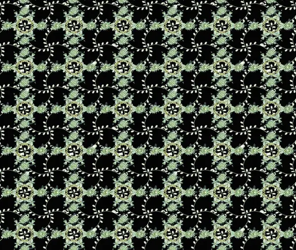 Çiçek desenli çizim. Asya tekstil tarzında. Siyah, nötr ve yeşil renkli çiçekler. Raster illüstrasyonu. Raster illüstrasyonu.