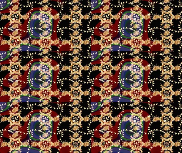Raster Floral Illustration, Asyalı tekstil. Siyah, kırmızı ve bej renkli etnik çiçeklerle zarif bir eskiz deseni.