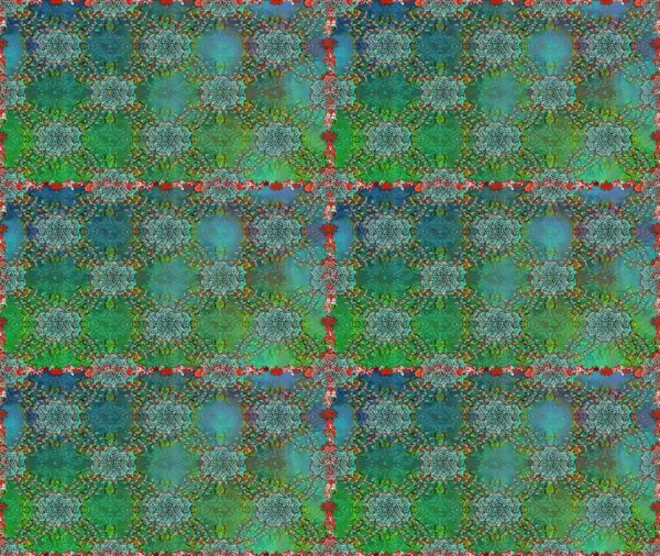 Çiçeksiz desenli arka plan, darbeler, sıçramalar, yaz çiçekleri. Raster illüstrasyonu. Yeşil ve mavi renkte çiçekler.