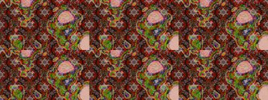 Kahverengi, kırmızı ve nötr küçük çiçekler ve kahverengi, kırmızı ve nötr renklerdeki komik böcekler, raster deseni, illüstrasyon.