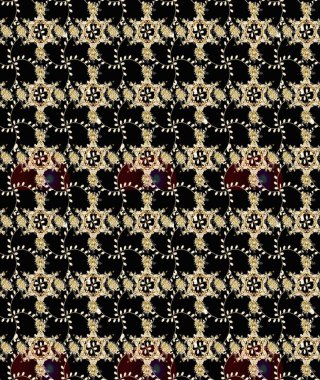 Bir sürü siyah, bej ve kahverengi soyut çiçekli tropik eskiz deseni. Küçük çiçekteki sevimli çiçek deseni. Varicoloblack, bej ve kahverengi raster çizimi.