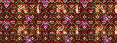 Dallı bahar çiçekleriyle desen, kahverengi, kırmızı ve siyah renkler ve çiçek silueti. Raster deseni.