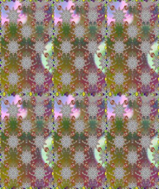 Çok renkli ve kahverengi zarif küçük çiçekler ve gri ve kahverengi renkli komik böcekler, raster deseni, illüstrasyon.