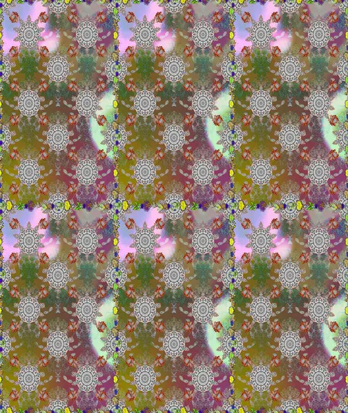 Çok renkli ve kahverengi zarif küçük çiçekler ve gri ve kahverengi renkli komik böcekler, raster deseni, illüstrasyon.