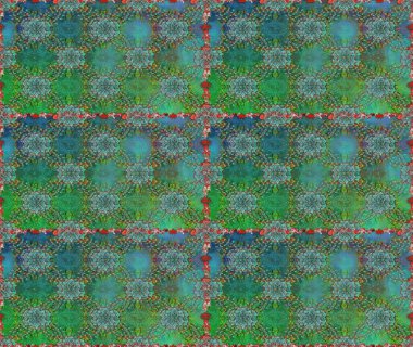 Çiçeksiz desenli arka plan, darbeler, sıçramalar, yaz çiçekleri. Raster illüstrasyonu. Yeşil ve mavi renkte çiçekler.