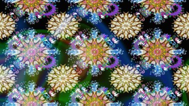 Raster Floral Illustration, Asyalı tekstil. Mavi renkli etnik çiçeklerle zarif eskiz deseni.