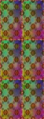 Raster illüstrasyonu. Renkli şal desenli, yeşil ve kahverengi çiçekli ve dekoratif elementli kusursuz desen. Kumaş, tekstil, duvar kağıdı baskısı için. Eski usul. Kusursuz arkaplan.