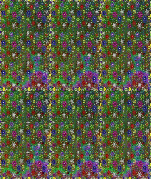 Düz Çiçek Elementleri Tasarımı. Yeşil ve kahverengi renkli çiçekler. Renkli Bahar Temalı Kusursuz Arkaplan. Çiçekle kusursuz desen.