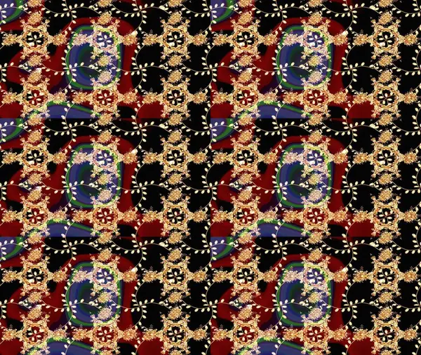 Raster Floral Illustration, Asyalı tekstil. Siyah, kırmızı ve bej renkli etnik çiçeklerle zarif bir eskiz deseni.