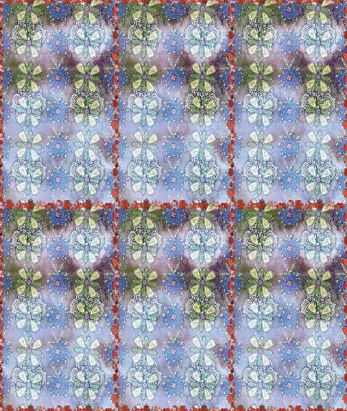 Çiçeksel fantezi tasarımı, parlak bir arka planda, kusursuz bir desen. Renkli Bahar Temalı Kusursuz Arkaplan. Düz Çiçek Elementleri Tasarımı.