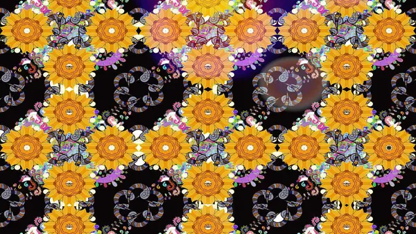 Şirin çiçekli eskiz deseni ve sarı renkli yapraklar, suluboya çiçek deseni, duvar kağıdı, kart veya kumaş için fayanslı. Raster illüstrasyonu.