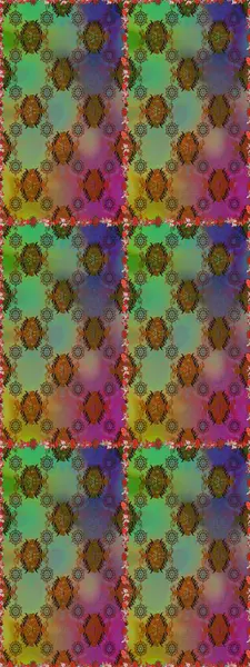 Raster illüstrasyonu. Renkli şal desenli, yeşil ve kahverengi çiçekli ve dekoratif elementli kusursuz desen. Kumaş, tekstil, duvar kağıdı baskısı için. Eski usul. Kusursuz arkaplan.