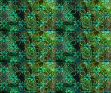 Raster Çiçek İllüstrasyonu güzel tekstil. Yeşil renkli etnik çiçeklerle zarif eskiz deseni.