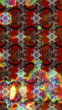 Raster illüstrasyonu. Kahverengi, kırmızı ve siyah renklere karalamalar çizilmiş çiçek deseni.