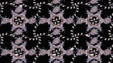 Eskiz geçmişi. Eski usul. Raster illüstrasyonu. Renkli desenli eskiz deseni, siyah, nötr ve gri çiçekler ve dekoratif elementler. Kumaş, tekstil ve duvar kağıdı baskısı için..