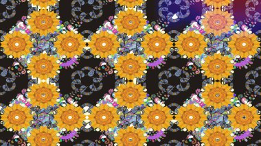 Moda baskıları için zarif bir şablon. Küçük renkli çiçekler. Küçük çiçekte güzel bir desen. Motley illüstrasyonu. Sarı çiçekli bahar çiçekleri.