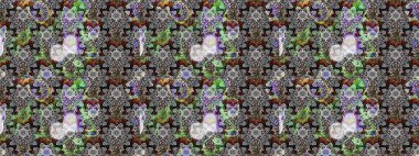 Çok renkli, zarif küçük çiçekler ve gri renkli komik böcekler, raster desen, illüstrasyon.