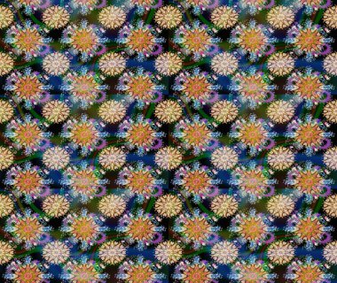 Suluboya elle çizilmiş çiçek desenli eskiz deseni. Parlak renkli fantezi çiçekleri, yapraklar, mavi renkli tomurcuklar.