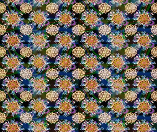 Suluboya elle çizilmiş çiçek desenli eskiz deseni. Parlak renkli fantezi çiçekleri, yapraklar, mavi renkli tomurcuklar.