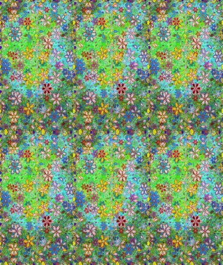 Çiçekli karalama şeklinde Raster çiçek deseni. Yeşil ve mavi renkte çiçekler. Yumuşak, yaz çiçekli arka plan.