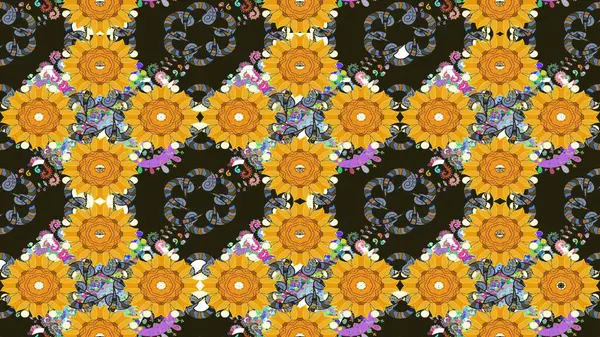 Çok renkli, zarif küçük çiçekler ve sarı renkli komik böcekler, raster desen, illüstrasyon..