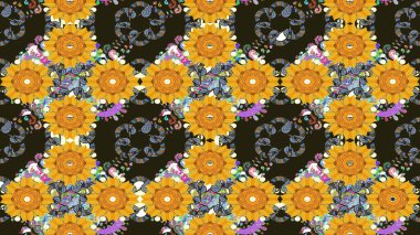 Çok renkli, zarif küçük çiçekler ve sarı renkli komik böcekler, raster desen, illüstrasyon..