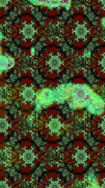 Çiçek desenli çizim. Yeşil, kahverengi ve siyah renkli çiçekler. Raster illüstrasyonu. Raster illüstrasyonu. Asya tekstil tarzında.