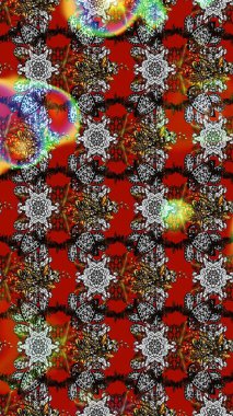 Gri, kırmızı ve kahverengi renkte çiçekler. Raster illüstrasyonu. Çiçek desenli çizim. Asya tekstil tarzında. Raster illüstrasyonu.