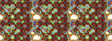 Raster illüstrasyonu. Gri, kahverengi ve yeşil renkli çiçekler. Asya tekstil tarzında. Çiçek desenli çizim. Raster illüstrasyonu.