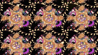 El çizimi çiçek unsurları olan soyut çizim raster deseni. Çiçekli ipek eşarp. Retro tekstil tasarım koleksiyonu. 1950-1960 motifleri. Siyah üstüne siyah..