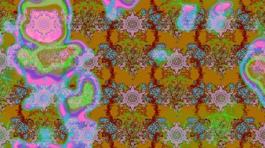 Yeşil, kahverengi ve mavi renklerde. Raster illüstrasyonu. Çiçek buketleriyle klasik tarzda eskiz deseni.