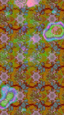 Desen, çizim, çiçek sınırı. Raster illüstrasyonu. Kıvırcık, parlak örgü. Eski moda arka plan. Güzel, parlak, pürüzsüz kumaş, tuval. Çiçeklerin çelengi.