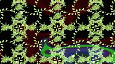 Raster illüstrasyonu. Şirin çiçekli eskiz deseni ve siyah, yeşil ve kahverengi renkli yapraklar, suluboya çiçek deseni, duvar kağıdı, kart veya kumaş için fayanslı.