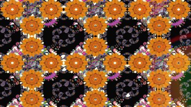 Çiçekli karalama şeklinde Raster çiçek deseni. Yumuşak, bahar çiçekli arka plan. Turuncu renkte çiçekler.