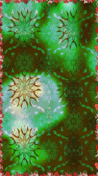 Raster illüstrasyonu. Çiçek ve yapraklı karalama şeklinde Raster çiçek deseni. Yeşil ve kahverengi renklerde bahar çiçekleri..