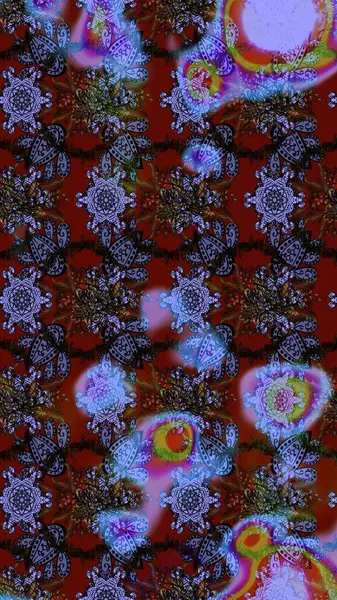 El çizimi çiçekli soyut çizim kalıbı. Raster illüstrasyonu. Kahverengi, mavi ve mor renkte çiçekler.