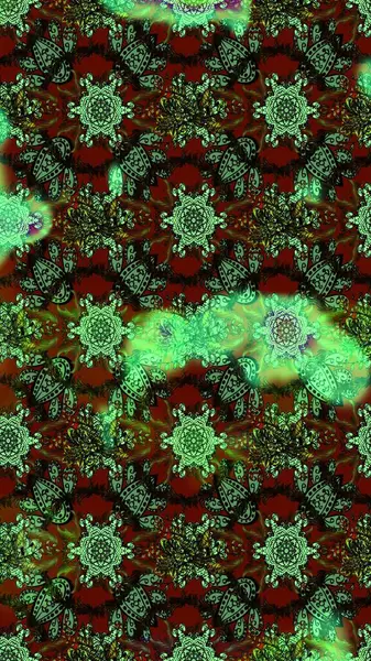 Çiçek desenli çizim. Yeşil, kahverengi ve siyah renkli çiçekler. Raster illüstrasyonu. Raster illüstrasyonu. Asya tekstil tarzında.