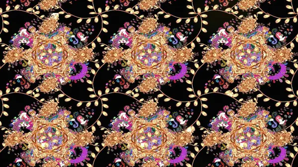 El çizimi çiçek unsurları olan soyut çizim raster deseni. Çiçekli ipek eşarp. Retro tekstil tasarım koleksiyonu. 1950-1960 motifleri. Siyah üstüne siyah..