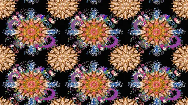 Sevimli çiçek raster deseni. Renkli Bahar Temalı Kusursuz Arkaplan. Düz Çiçek Elementleri Tasarımı. Siyah ve kahverengi renkte çiçekler.