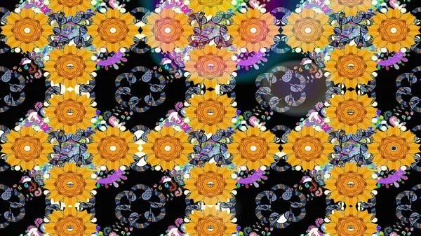 Raster illüstrasyonundaki çiçek desenli çizim. Sarı renkli çiçekler. Renkli Bahar Teması eskiz kalıbı. Düz Çiçek Elementleri Tasarımı.