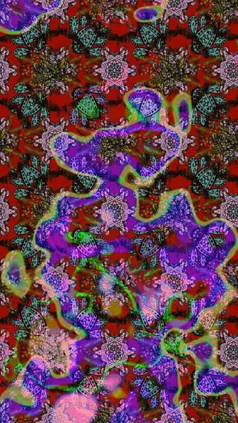 Raster illüstrasyonu. Çiçek desenli çizim. Renkli Bahar Teması eskiz kalıbı. Asya tekstil tarzında. Kahverengi, kırmızı ve mor renkli çiçekler. Düz Çiçek Elementleri Tasarımı.