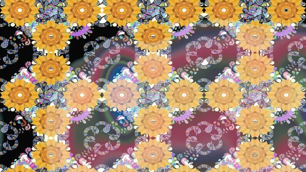 Raster çiçek desenli çiçek deseni, yapraklar, dekoratif elementler, sıçrama, lekeler, el çizimi kontur çizgileri ve Doodle çizim stili, grafik raster çizim çizimi.