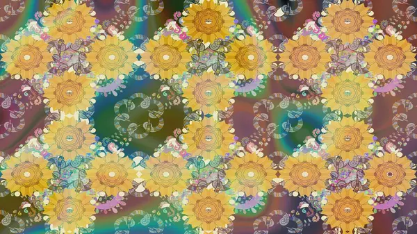 Raster Floral Illustration, Asyalı tekstil. Bej renkli etnik çiçeklerle zarif bir eskiz deseni.