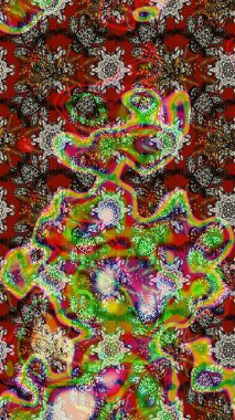 Raster illüstrasyonu. Asya tekstil tarzında. Raster illüstrasyonu. Kahverengi, kırmızı ve yeşil renkte çiçekler. Çiçek desenini çiz.